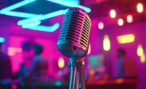 Vintage microphone in a vibrant neon-lit bar setting, suggesting live music or stand-up comedy performance ambiance.